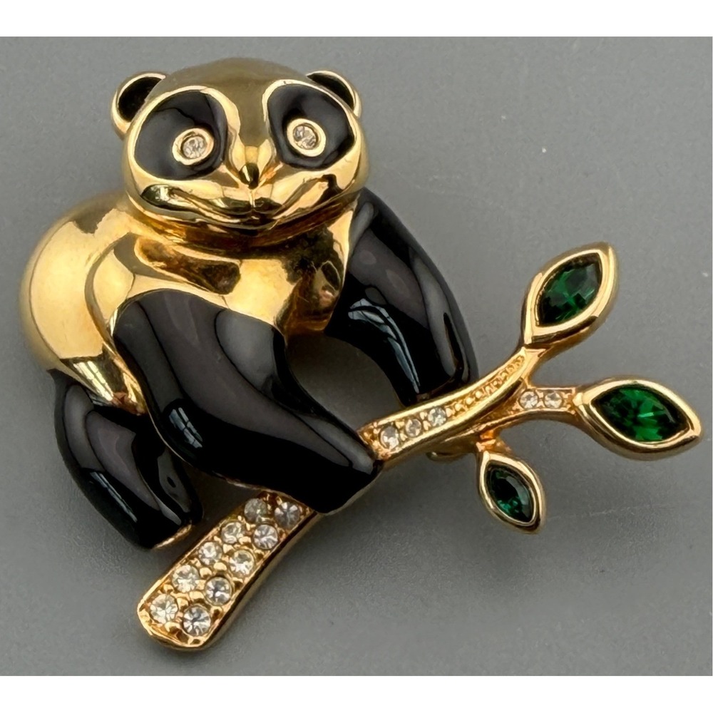 Vintage Swarovski Panda Bear Brooch Gold Tone Black Enamel Crystal Bamboo  1.5"